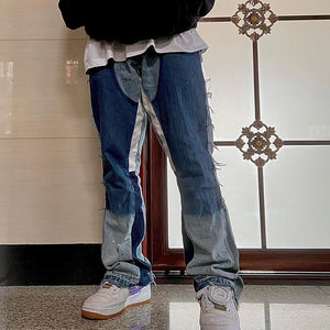High Street Color Block Spliced Washed Jeans Mens Oversize Wide Leg Straight Denim Flare Pants Retro Loose Casual Trousers | TageUnlimited