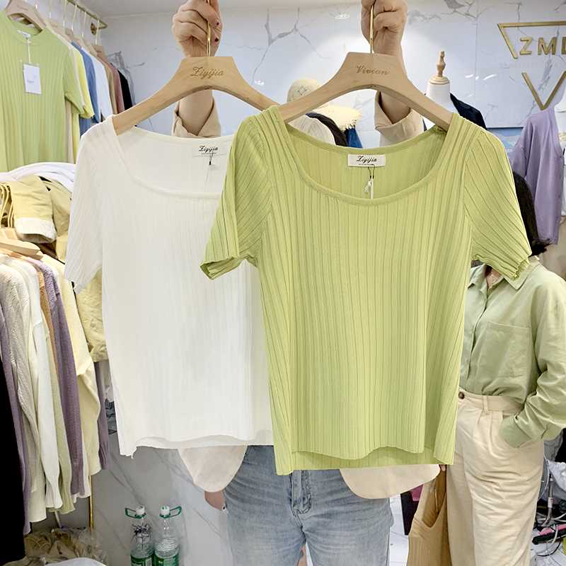 T-shirts Women Square Neck Tees Solid Short Sleeve Tee Cottons T-Shirts For Women  Summer Crop Tops | TageUnlimited