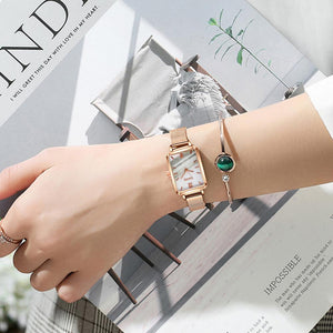 Gaiety Brand Women Watches Fashion Square Ladies Quartz Watch Bracelet Set Green Dial Simple Rose Gold Mesh Luxury Women Watches | TageUnlimited