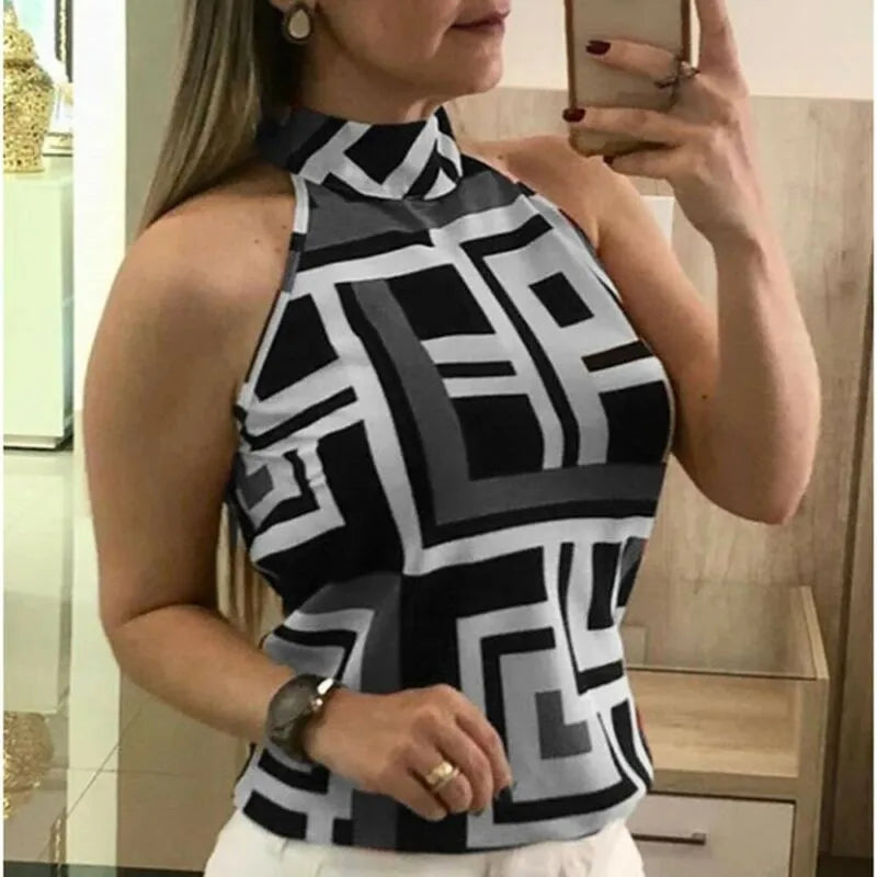 2019 Plus Size Women's Geometric Halter Vest Summer Fashion Sleeveless Tank Tops Office Lady Tanks All-Matching Slim Vest M-3XL
