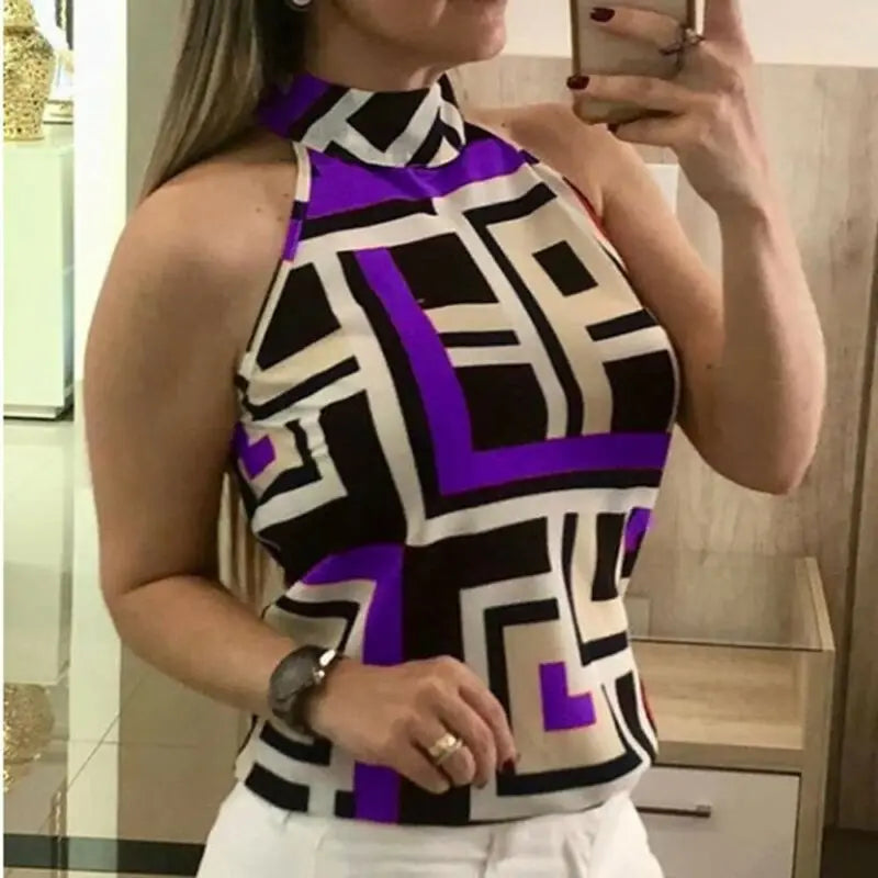 2019 Plus Size Women's Geometric Halter Vest Summer Fashion Sleeveless Tank Tops Office Lady Tanks All-Matching Slim Vest M-3XL