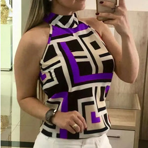 2019 Plus Size Women's Geometric Halter Vest Summer Fashion Sleeveless Tank Tops Office Lady Tanks All-Matching Slim Vest M-3XL