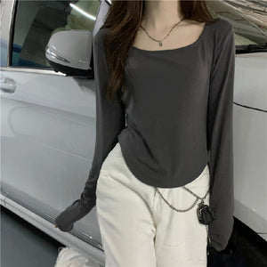Women Long Sleeve Square Neck T-Shirt Spring And Autumn New Irregular Hem Slim Casual Top Girl Bottom Shirts | TageUnlimited