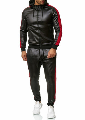 ZOGAA Men&#39;s PU Leather Hoodies Set 2 Piece Casual Sweatsuit Hooded Jacket and Pants Jogging Suit Tracksuits | TageUnlimited
