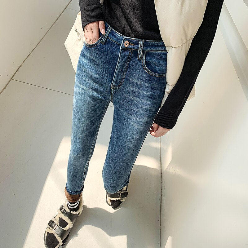 Winter Thick Velvet Women High Waist Skinny Jeans Simple Fleece Warm Slim fit Stretch Ladies Casual Denim Pencil Pants | TageUnlimited