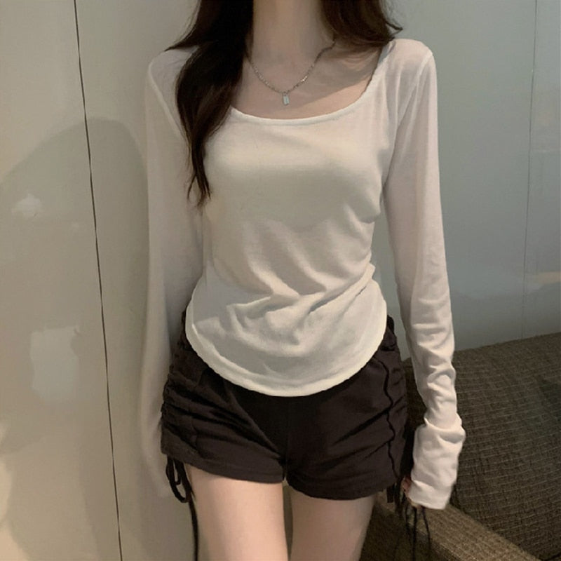Women Long Sleeve Square Neck T-Shirt Spring And Autumn New Irregular Hem Slim Casual Top Girl Bottom Shirts | TageUnlimited