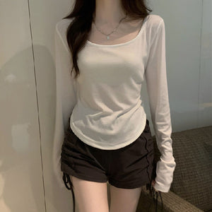 Women Long Sleeve Square Neck T-Shirt Spring And Autumn New Irregular Hem Slim Casual Top Girl Bottom Shirts | TageUnlimited