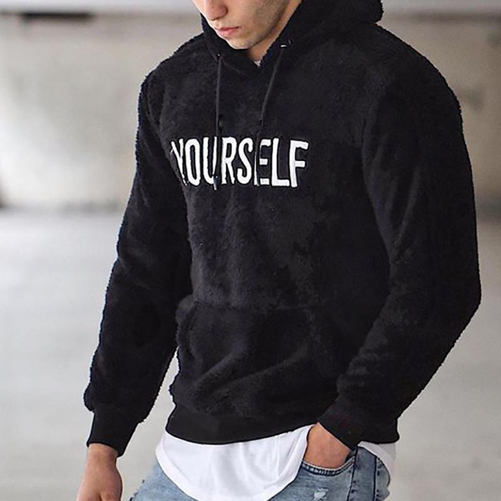 New Autumn and Winter Warm Men´s Wool Hooded Sweatshirts Letter Print Hooded Pullover Kangaroo Pocket Hooded Fleece Sweatshirts | TageUnlimited