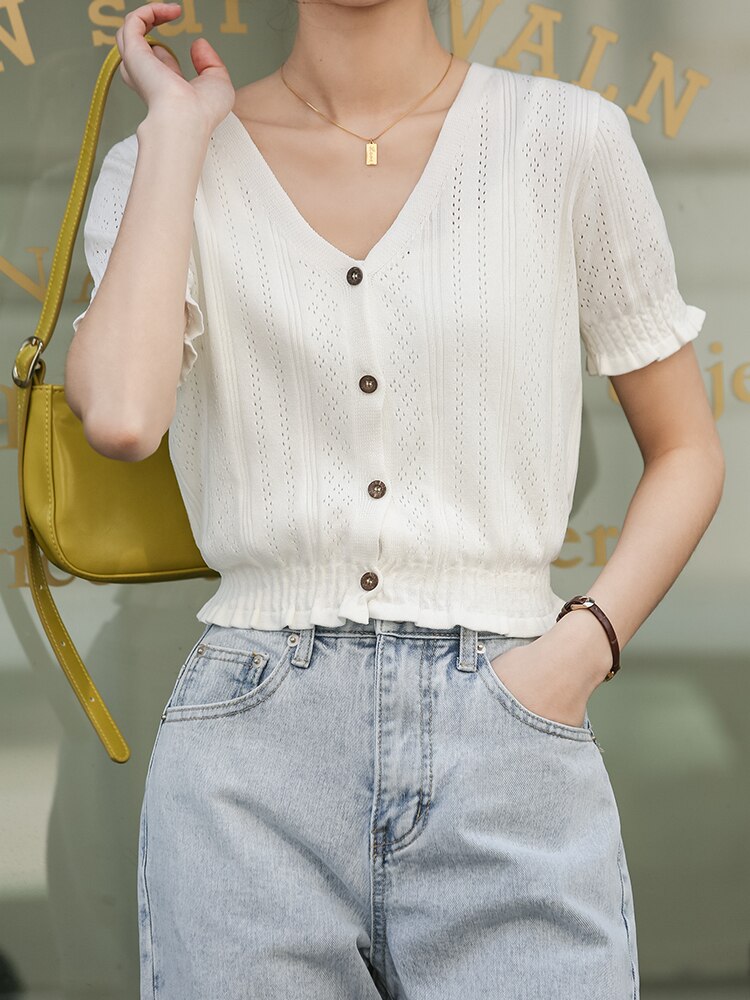 Women Knitted T-shirts V-Neck Button Up Tops Roupas Feminina Short Sleeve Tees Casual T-Shirts For Women  Summer | TageUnlimited