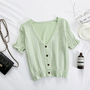 Women Knitted T-shirts V-Neck Button Up Tops Roupas Feminina Short Sleeve Tees Casual T-Shirts For Women  Summer | TageUnlimited