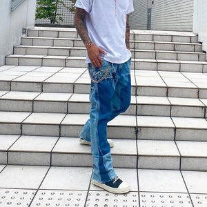 High Street Color Block Spliced Washed Jeans Mens Oversize Wide Leg Straight Denim Flare Pants Retro Loose Casual Trousers | TageUnlimited