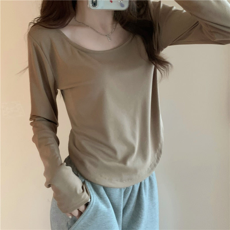 Women Long Sleeve Square Neck T-Shirt Spring And Autumn New Irregular Hem Slim Casual Top Girl Bottom Shirts | TageUnlimited