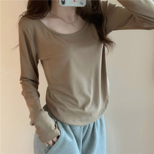 Women Long Sleeve Square Neck T-Shirt Spring And Autumn New Irregular Hem Slim Casual Top Girl Bottom Shirts | TageUnlimited