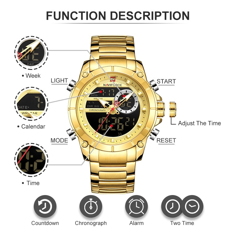 NAVIFORCE Luxury Original Sports Wrist Watch For Men Quartz Steel Waterproof Digital Fashion Watches Male Relogio Masculino 9163 | TageUnlimited