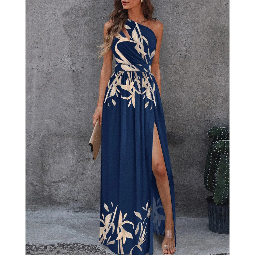 Dress Women Summer Inclined Shoulder Hollow Out Temperament Gradient High Split Dresses Casual | TageUnlimited