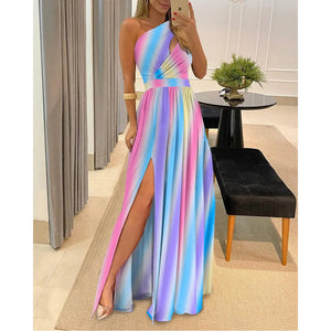 Dress Women Summer Inclined Shoulder Hollow Out Temperament Gradient High Split Dresses Casual