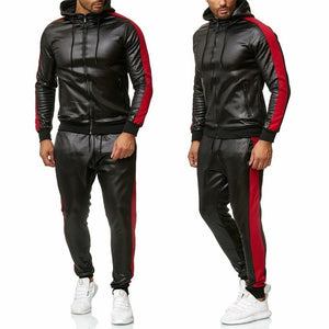 ZOGAA Men Leather Hoodies Set 2 Piece Casual Sweatsuit Hooded Jacket and Pants Jogging Suit Tracksuits | TageUnlimited