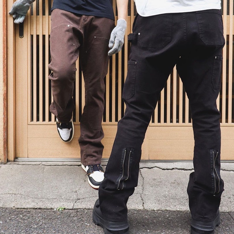 Back Ankle Zipper Spliced Straight Flare Pants Mens High Street Washed Retro Loose Casual Jeans Hip Hop Denim Trousers | TageUnlimited