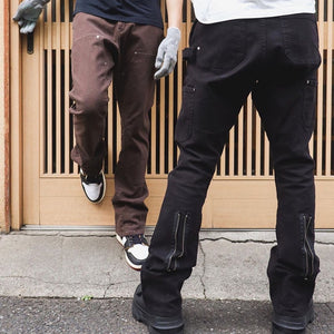 Back Ankle Zipper Spliced Straight Flare Pants Mens High Street Washed Retro Loose Casual Jeans Hip Hop Denim Trousers | TageUnlimited