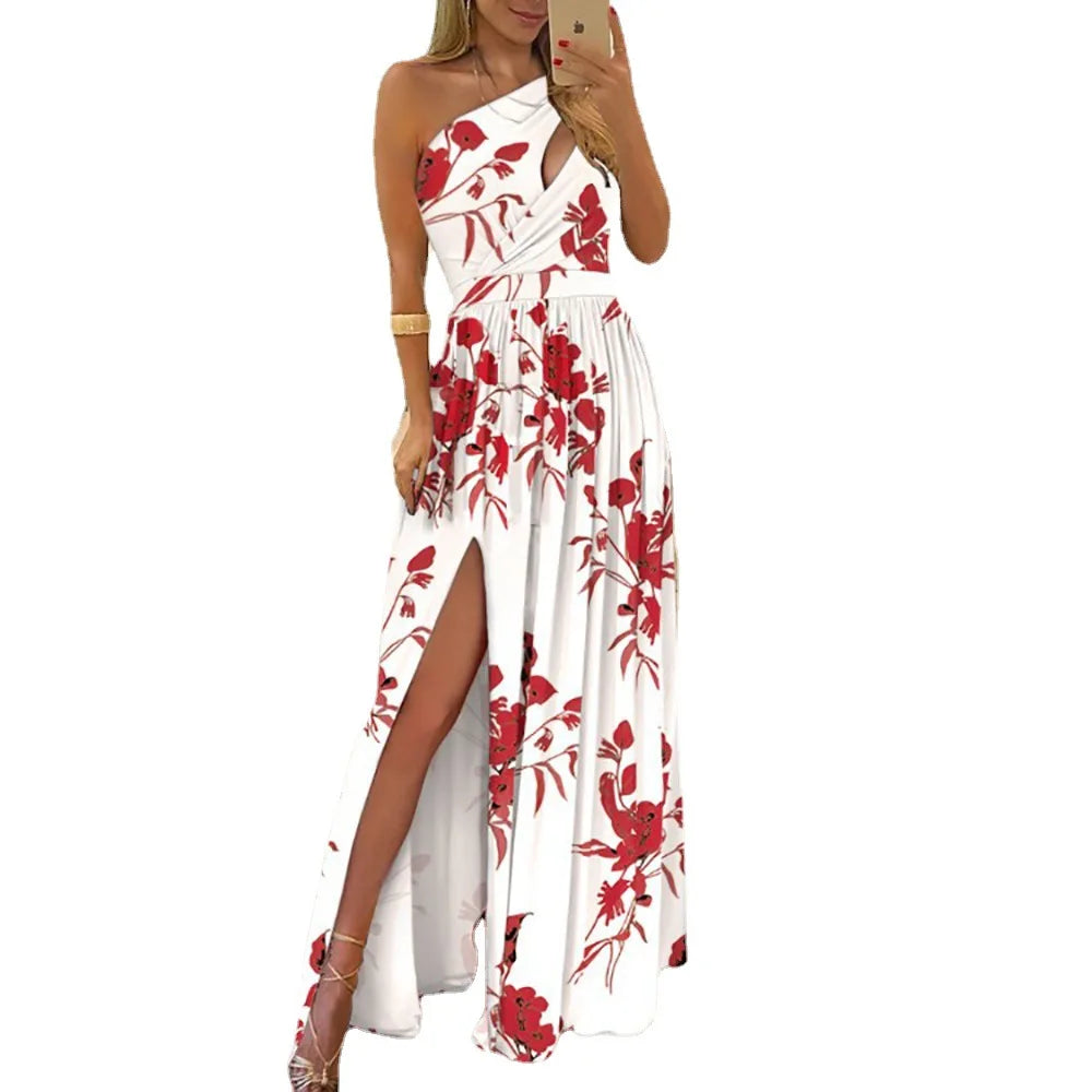 Dress Women Summer Inclined Shoulder Hollow Out Temperament Gradient High Split Dresses Casual