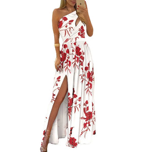 Dress Women Summer Inclined Shoulder Hollow Out Temperament Gradient High Split Dresses Casual