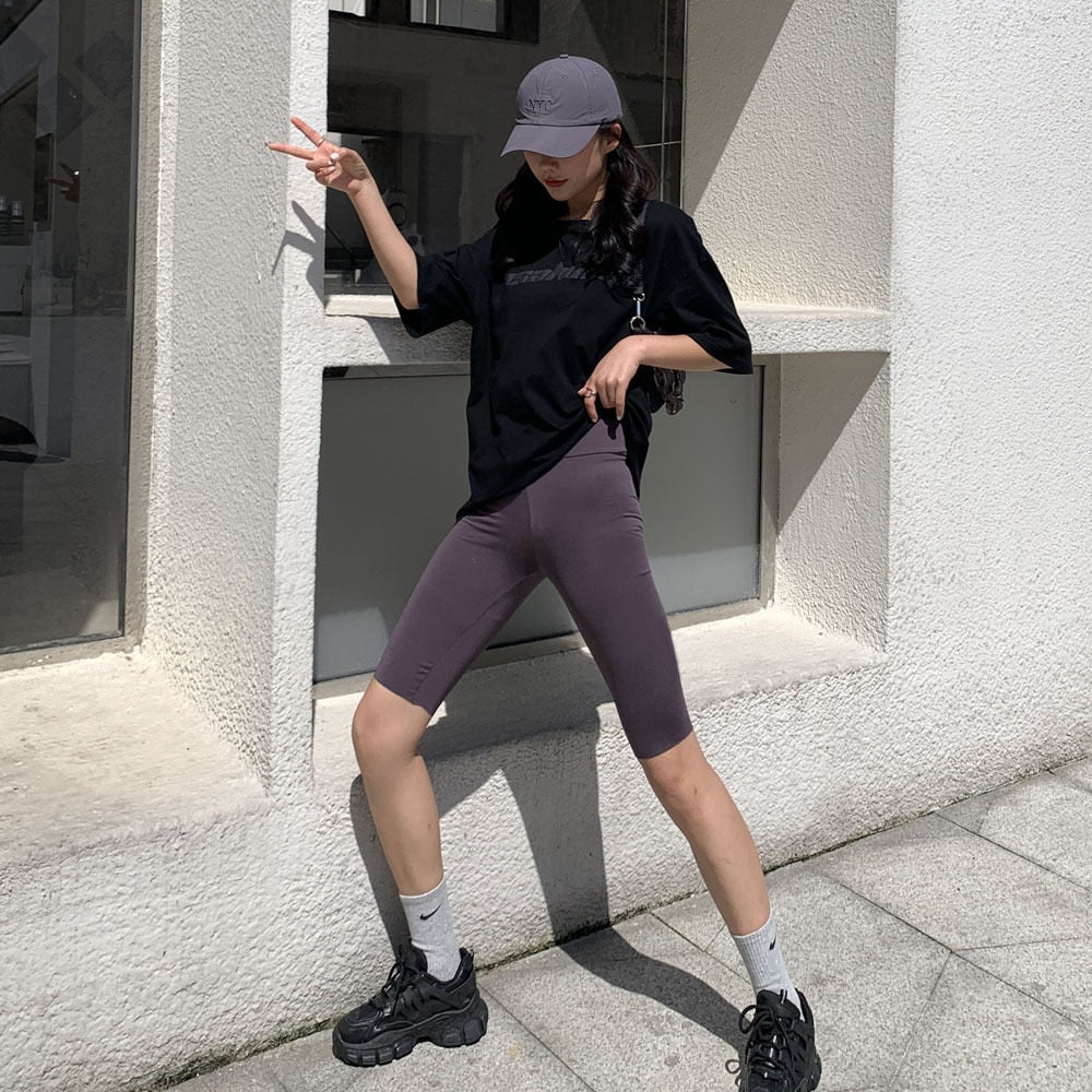 Seamless Biker Shorts Women Fitness Casual High Waist Fashion Summer Slim Knee-Length Bottoms Black Cycling Shorts Streetwear | TageUnlimited