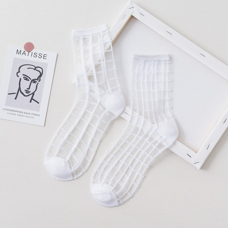 1 Pair Women Socks Summer New Black White Socks Thin Transparent Socks Striped Plaid Cute Socks | TageUnlimited