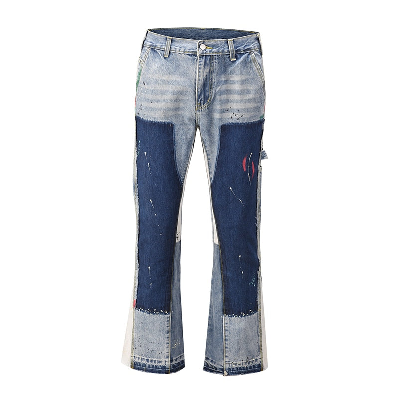 High Street Color Block Spliced Washed Jeans Mens Oversize Wide Leg Straight Denim Flare Pants Retro Loose Casual Trousers | TageUnlimited