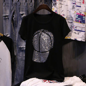T-shirts women  summer new Fashion motion ball cap decoration Hot diamonds female clothes tees short sleeve tops Pullovers | TageUnlimited