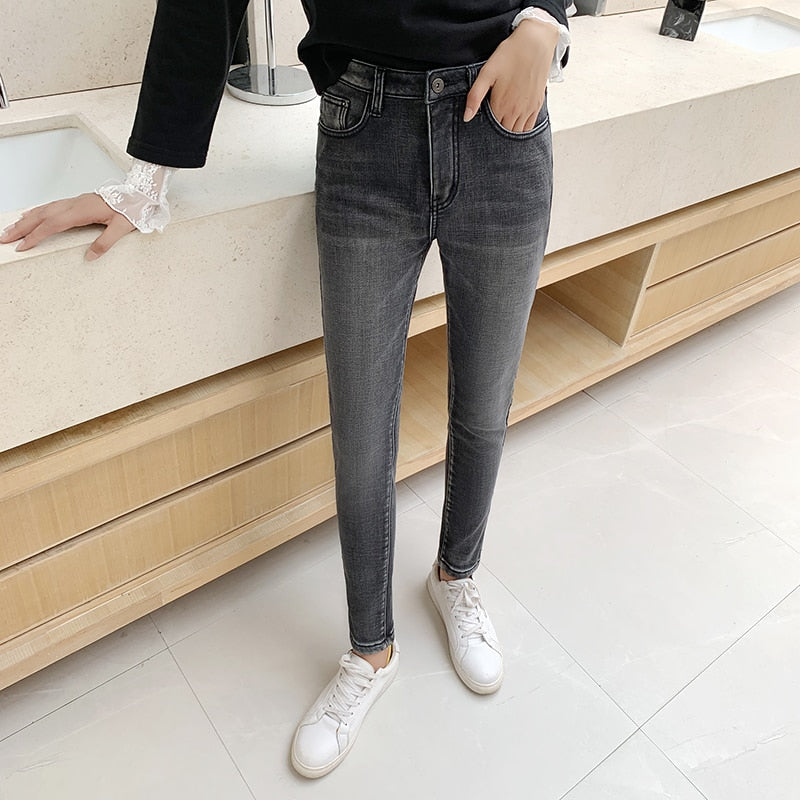 Winter Thick Velvet Women High Waist Skinny Jeans Simple Fleece Warm Slim fit Stretch Ladies Casual Denim Pencil Pants | TageUnlimited