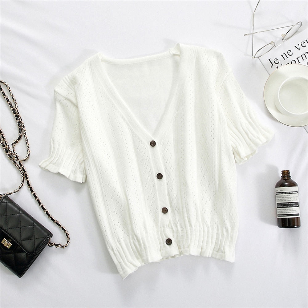 Women Knitted T-shirts V-Neck Button Up Tops Roupas Feminina Short Sleeve Tees Casual T-Shirts For Women  Summer | TageUnlimited