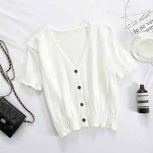 Women Knitted T-shirts V-Neck Button Up Tops Roupas Feminina Short Sleeve Tees Casual T-Shirts For Women  Summer | TageUnlimited