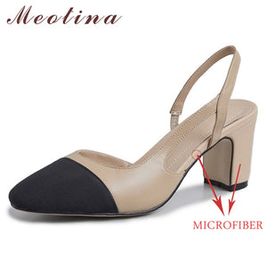 Meotina Low Heels Real Leather Slingbacks Shoes Women Square Toe Pumps Thick Heel Shoes Brand Design Lady Footwear | TageUnlimited