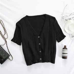 Women Knitted T-shirts V-Neck Button Up Tops Roupas Feminina Short Sleeve Tees Casual T-Shirts For Women  Summer | TageUnlimited