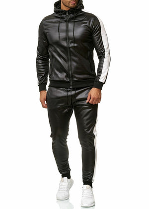 ZOGAA Men&#39;s PU Leather Hoodies Set 2 Piece Casual Sweatsuit Hooded Jacket and Pants Jogging Suit Tracksuits | TageUnlimited