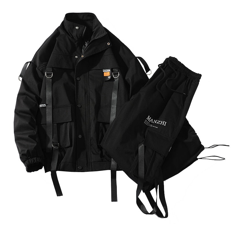 Men Streetwear Tracksuit Black Hooded Jackets And  Hip Hop Pants Clothing 2 Pcs Set Suit Sweatsuit | TageUnlimited