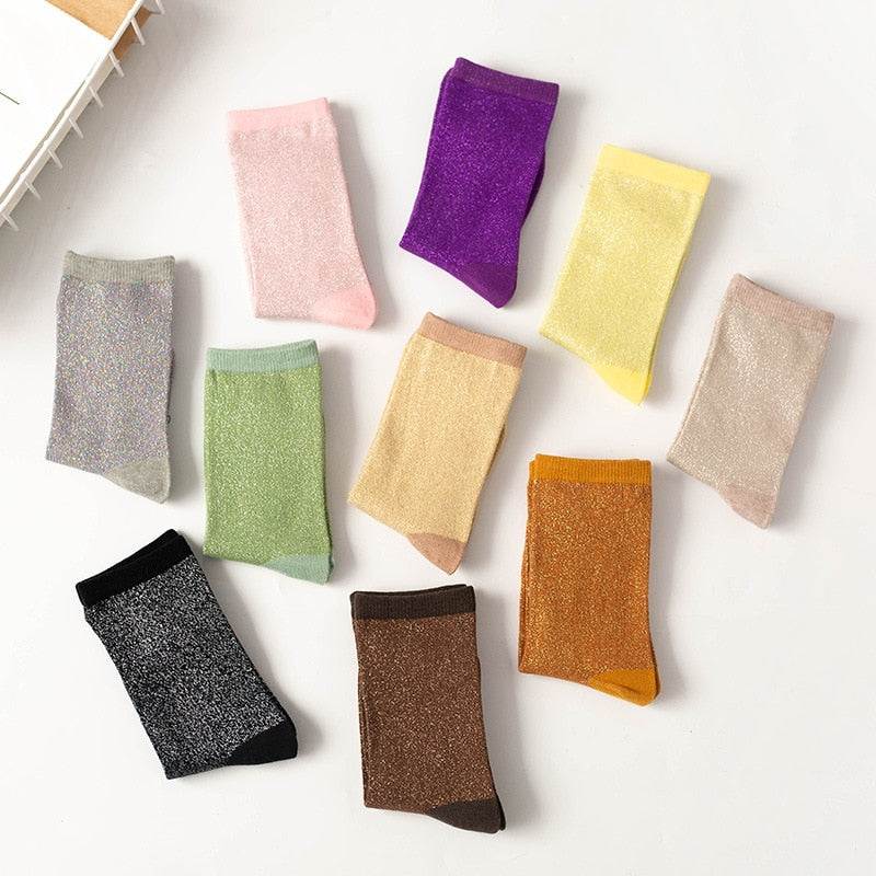 Women's style gold and silver silk material women's fashion socks solid color glitter shiny high elastic fashionable sock | TageUnlimited