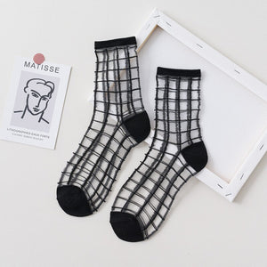 1 Pair Women Socks Summer New Black White Socks Thin Transparent Socks Striped Plaid Cute Socks | TageUnlimited