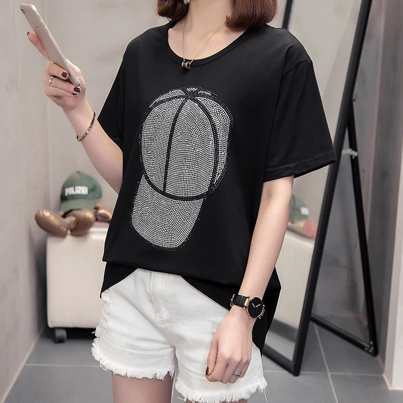 T-shirts women  summer new Fashion motion ball cap decoration Hot diamonds female clothes tees short sleeve tops Pullovers | TageUnlimited