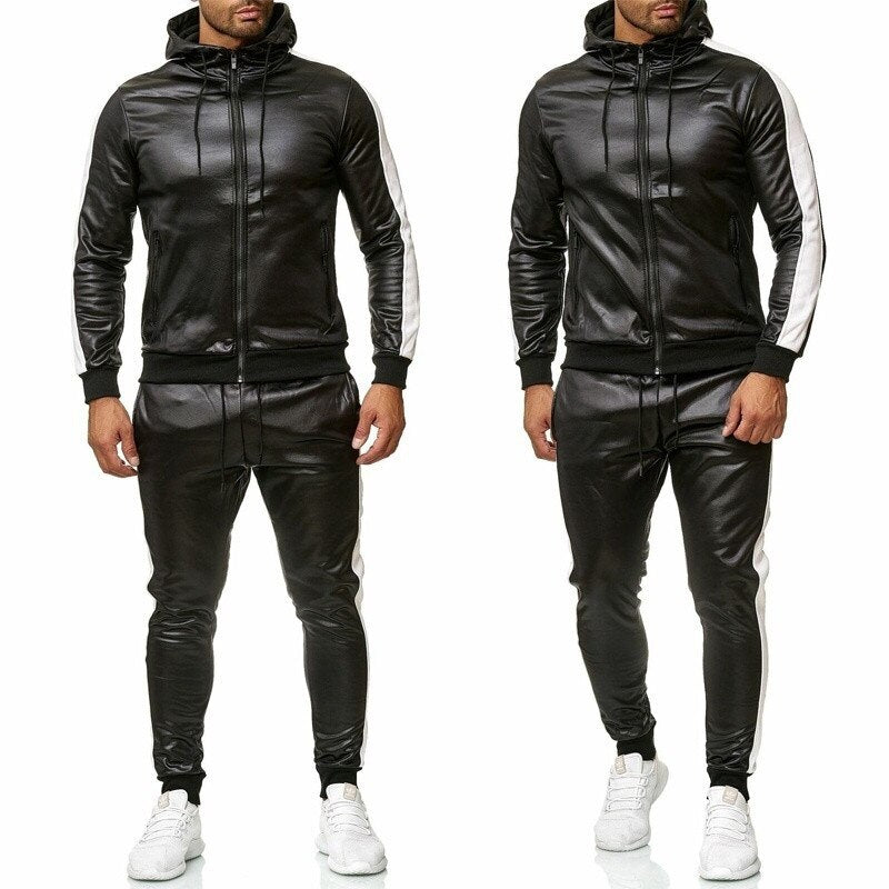 ZOGAA Men Leather Hoodies Set 2 Piece Casual Sweatsuit Hooded Jacket and Pants Jogging Suit Tracksuits | TageUnlimited