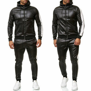 ZOGAA Men Leather Hoodies Set 2 Piece Casual Sweatsuit Hooded Jacket and Pants Jogging Suit Tracksuits | TageUnlimited