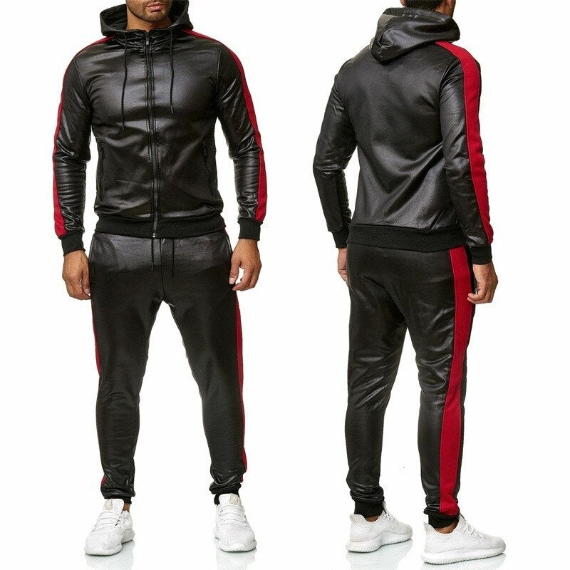 ZOGAA Men Leather Hoodies Set 2 Piece Casual Sweatsuit Hooded Jacket and Pants Jogging Suit Tracksuits | TageUnlimited