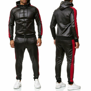 ZOGAA Men Leather Hoodies Set 2 Piece Casual Sweatsuit Hooded Jacket and Pants Jogging Suit Tracksuits | TageUnlimited