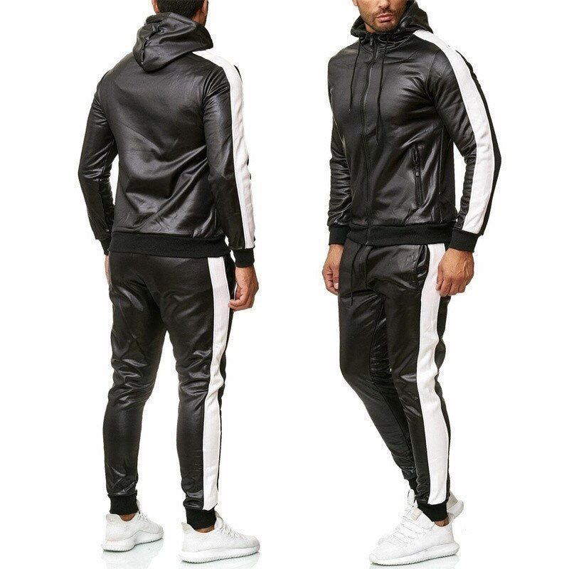 ZOGAA Men Leather Hoodies Set 2 Piece Casual Sweatsuit Hooded Jacket and Pants Jogging Suit Tracksuits | TageUnlimited