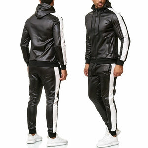 ZOGAA Men Leather Hoodies Set 2 Piece Casual Sweatsuit Hooded Jacket and Pants Jogging Suit Tracksuits | TageUnlimited