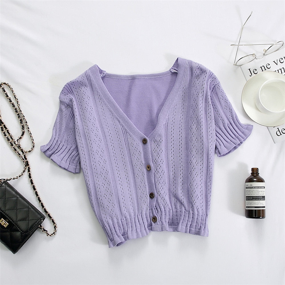 Women Knitted T-shirts V-Neck Button Up Tops Roupas Feminina Short Sleeve Tees Casual T-Shirts For Women  Summer | TageUnlimited