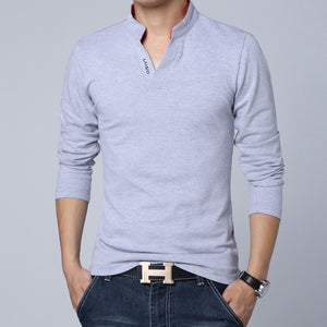 Big Size S-5XL Mens Fashion Boutique Cotton Leisure Stand Collar Long Sleeve POLO Shirts Male Pure Color V-neck POLO Shirts | TageUnlimited