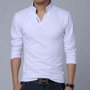 Big Size S-5XL Mens Fashion Boutique Cotton Leisure Stand Collar Long Sleeve POLO Shirts Male Pure Color V-neck POLO Shirts | TageUnlimited