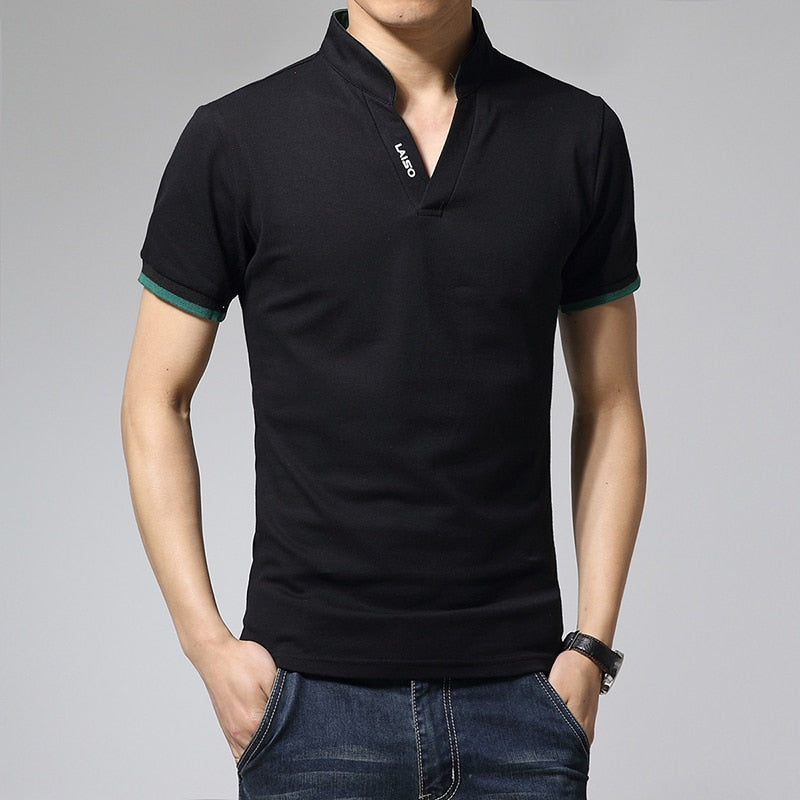 Big Size S-5XL Mens Fashion Boutique Cotton Leisure Stand Collar Long Sleeve POLO Shirts Male Pure Color V-neck POLO Shirts | TageUnlimited