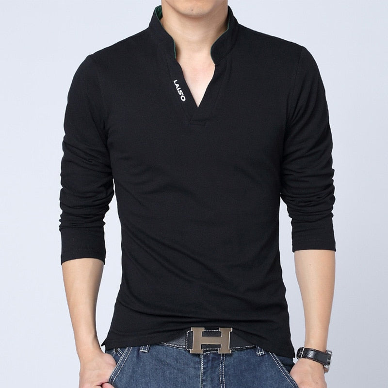 Big Size S-5XL Mens Fashion Boutique Cotton Leisure Stand Collar Long Sleeve POLO Shirts Male Pure Color V-neck POLO Shirts | TageUnlimited